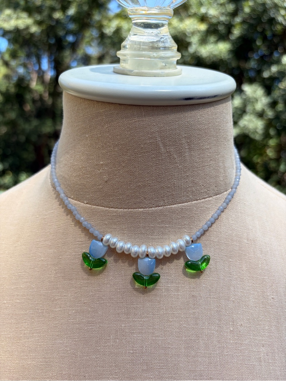 N14 Handmade Angelite Gemstone Beaded Necklace with Blue Flowers and Pearls